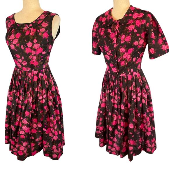Vintage 1950's Two Piece L'aiglon Dress Jacket Pink Floral Roses Size 8 - Picture 3 of 7